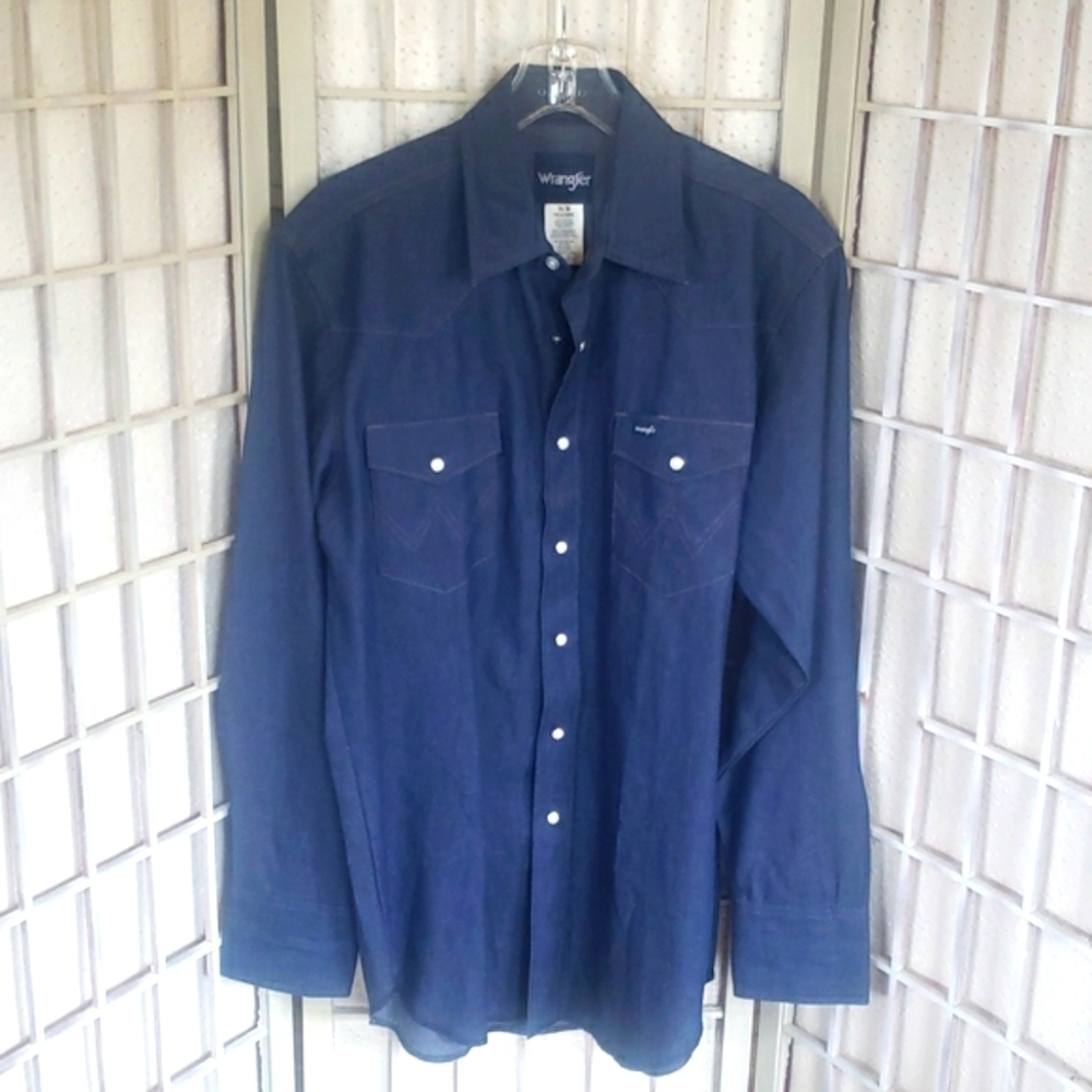 Wrangler vintage style blue denim snap button long sleeve mens shirt 16